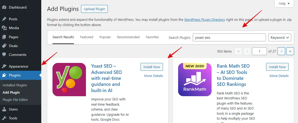 Install Yoast plugin via WordPress Dashboard