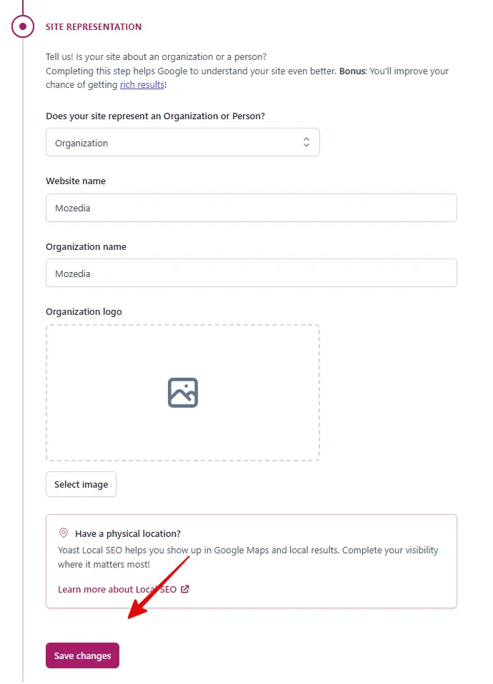 site representation settings