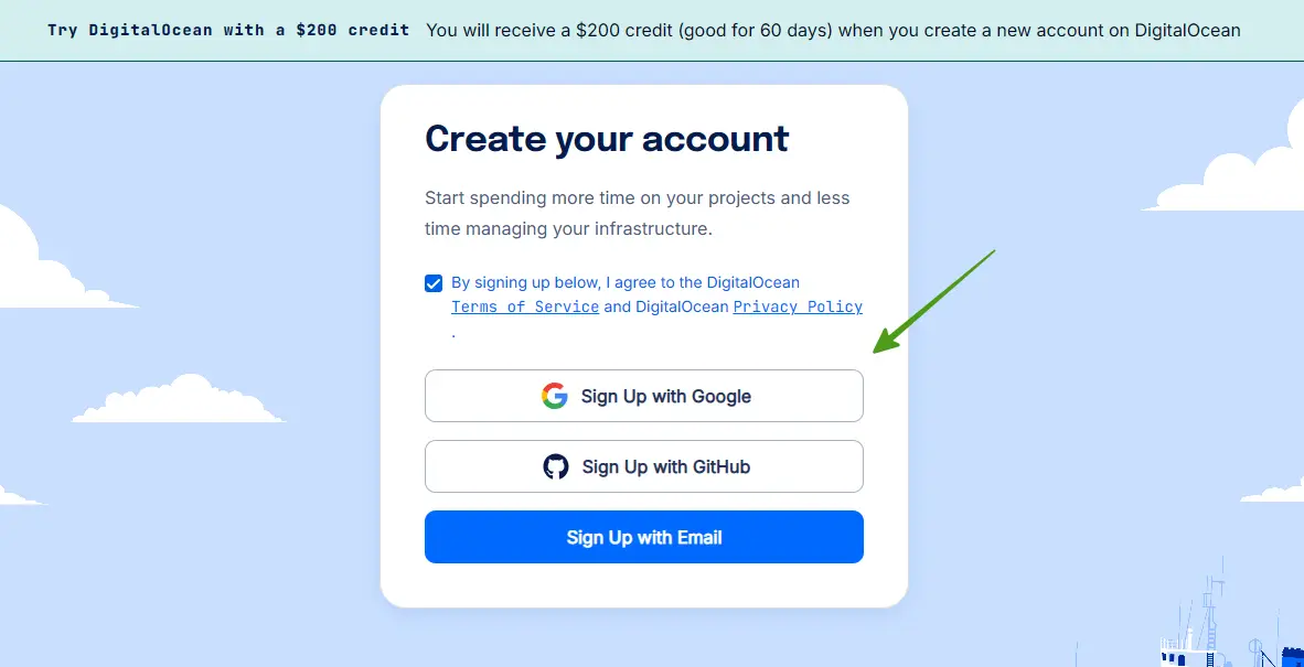 sign up on digitalocean