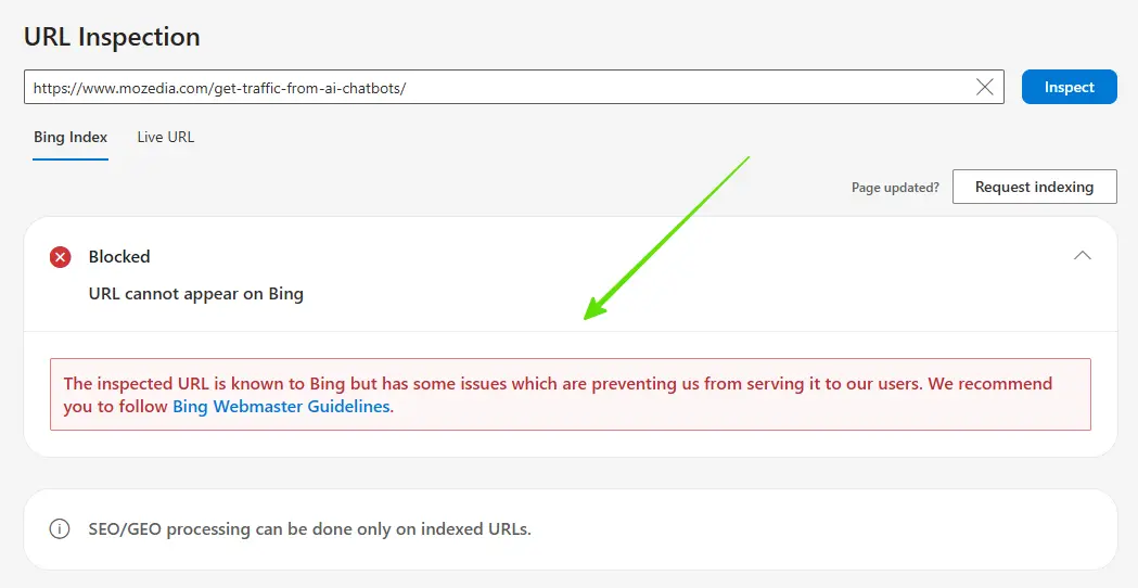 Bing URL Inspection Issue