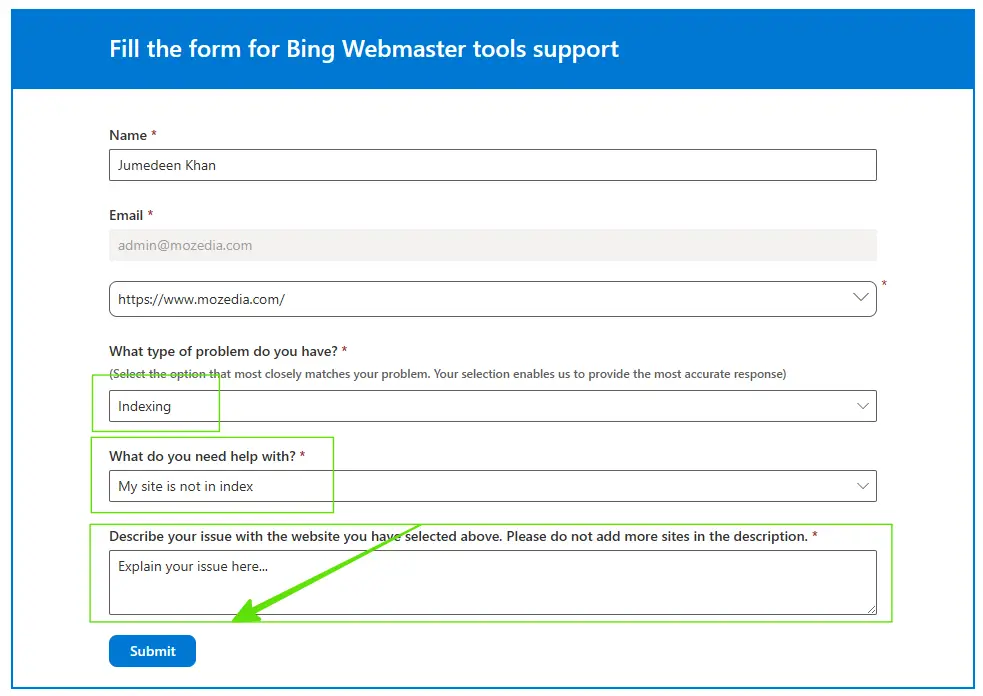 Fill the form for Bing Webmaster Tools Support
