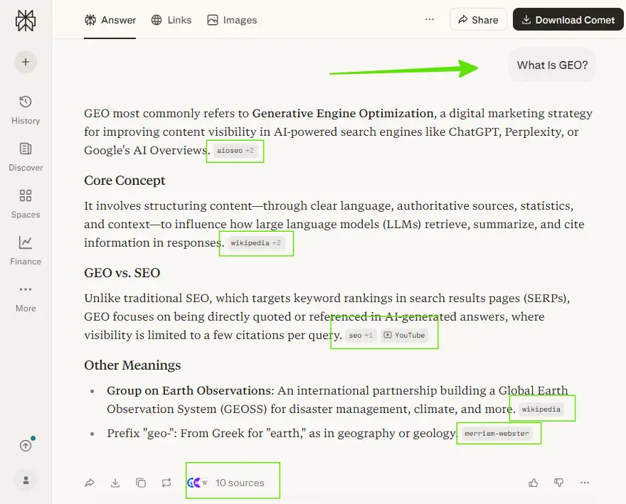 Perplexity Answer with Mention Source Sites