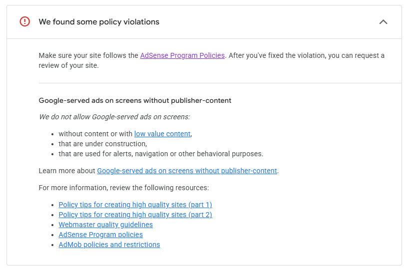AdSense Rejection Reasons